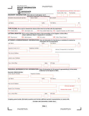 Pennsylvania Estate Information Sheet