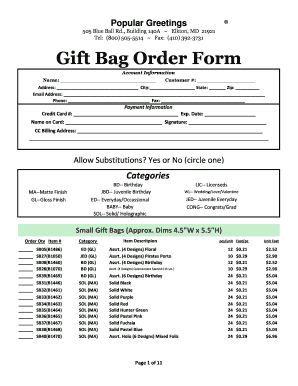 Gift Bag Order Form