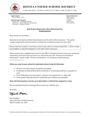 Bonita Unified School District Kindergarten Registration Form