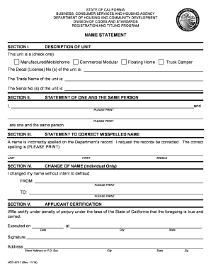 California Name Change Form for Manufactured Homes