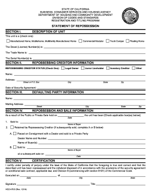 California Statement of Repossession