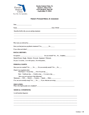 Patient Personal History Assessment Form