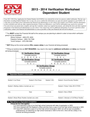 2013-2014 Dependent Student Verification Worksheet