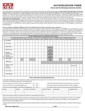 Trinity Valley Community College Housing Background Check Authorization Form