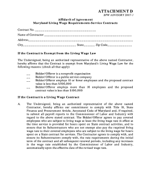 Affidavit of Agreement for Maryland Living Wage Requirements
