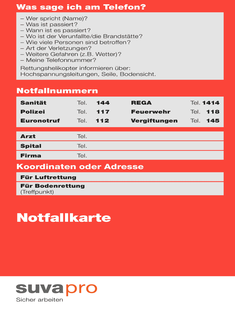 Ausfüllbar Online widen Notfallkarte - SuvaPro. Notfallkarte - widen Fax  Email Drucken - pdfFiller