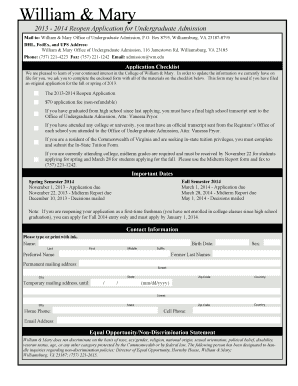 William & Mary 2013-2014 Reopen Application for Undergraduate Admission