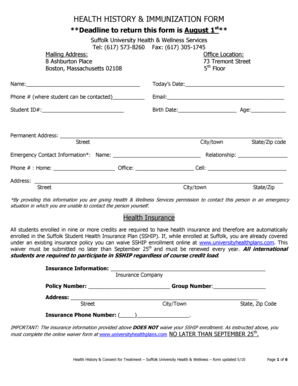 Suffolk University Health History & Immunization Form