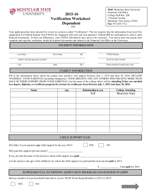 Montclair State Verification Worksheet