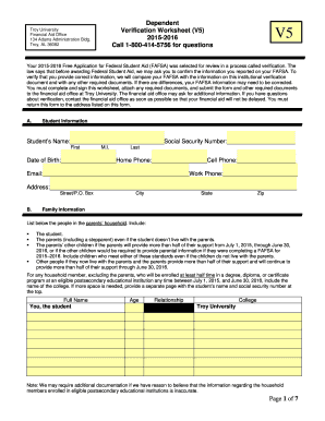 Troy University Verification Worksheet