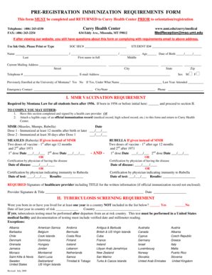 Pre-Registration Immunization Requirements Form