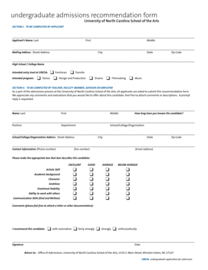 UNCSA Undergraduate Admissions Recommendation Form