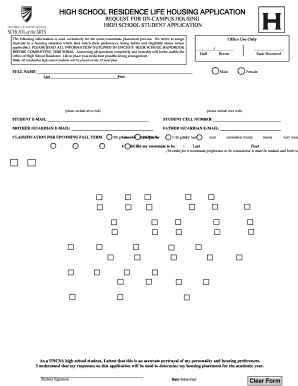 High School Residence Life Housing Application