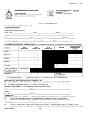 University System of Georgia Certificate of Immunization