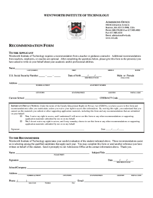Wentworth Institute of Technology Recommendation Form