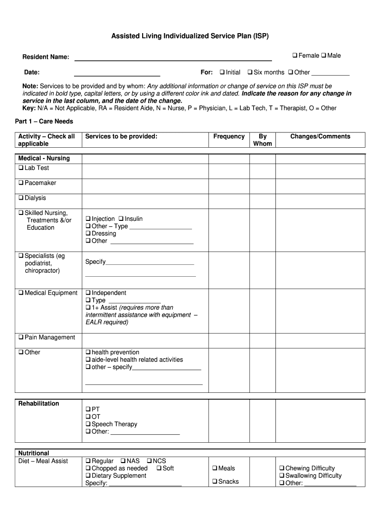 Assisted Living Individualized Service Plan (ISP) - Fill and Sign Pertaining To Nursing Care Plan Templates Blank