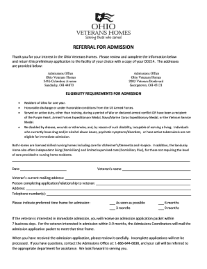 Ohio Veterans Homes Admission Application