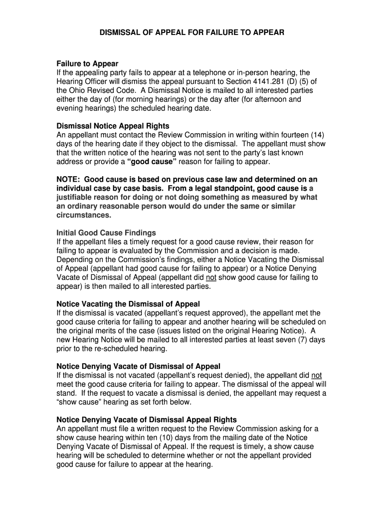 Fillable Online DISMISSAL OF APPEAL FOR FAILURE TO APPEAR Fax Email Print pdfFiller