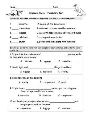 Dinosaurs Travel Vocabulary Test