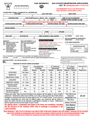 USA Swimming 2014 Athlete Registration Application