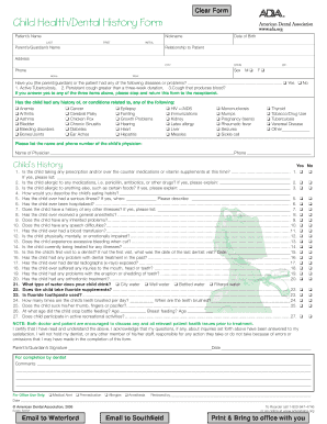 Child Health/Dental History Form