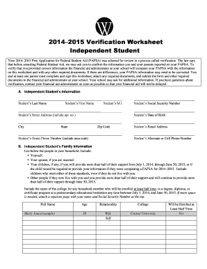 2014–2015 Verification Worksheet for FAFSA