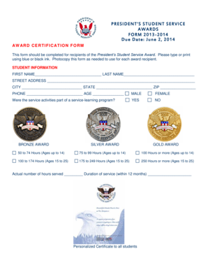 President's Student Service Awards Form