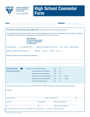 Indiana University Purdue University High School Counselor Form