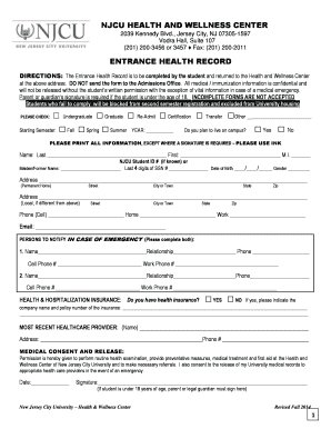 NJCU Entrance Health Record