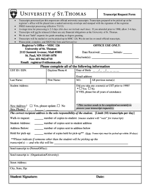 University of St. Thomas Transcript Request Form