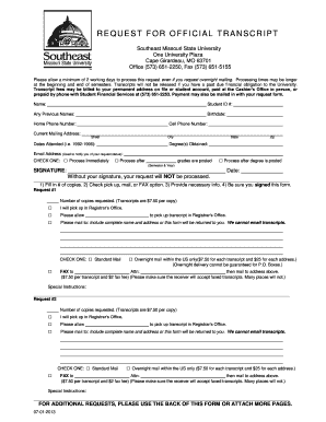 Southeast Missouri State University Transcript Request Form