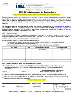 2015-2016 UTSA Independent Verification Form