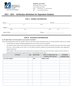 2013-2014 Verification Worksheet for Dependent Students