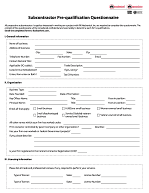 Subcontractor Pre-Qualification Questionnaire