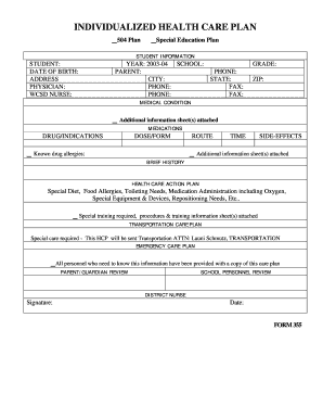 Individualized Health Care Plan 504