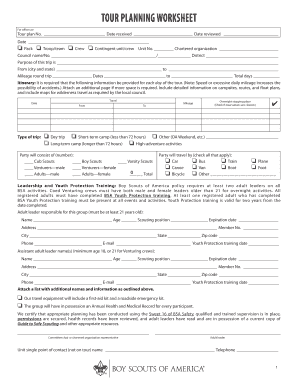 Boy Scouts of America Tour Plan Worksheet