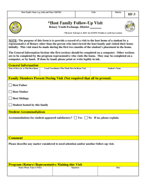 Rotary Youth Exchange Host Family Follow-Up Visit Form
