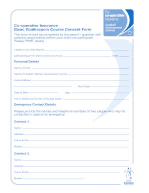 Co-operative Insurance Basic Goalkeepers Course Consent Form