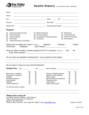 Health History Form for FVTC Students