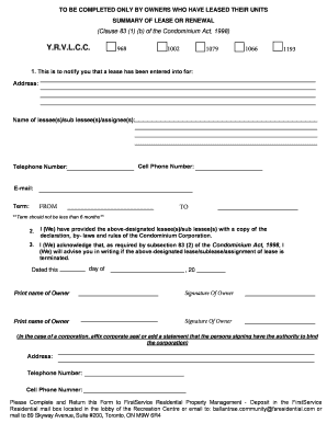 Lease Summary Form for Condominium Owners