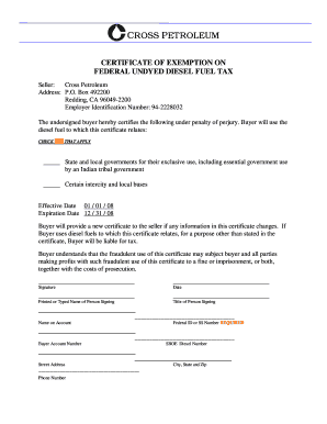 Certificate of Exemption on Federal Undyed Diesel Fuel Tax