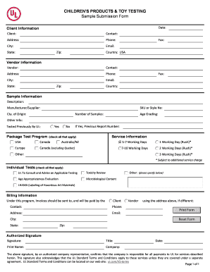 Children's Product Toy Testing Submission Form