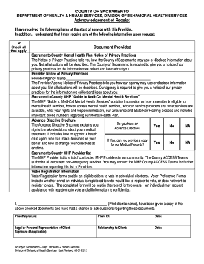 Acknowledgement of Receipt for Sacramento County Mental Health Services