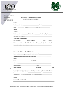 Te Kohanga Reo Motor Vehicle Claim Form