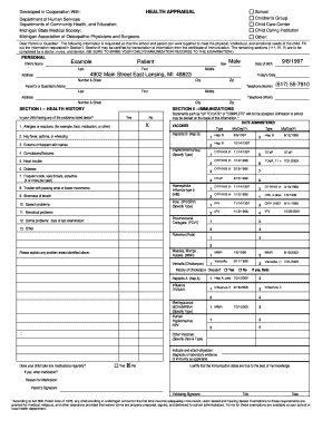 Michigan School Health Appraisal Form