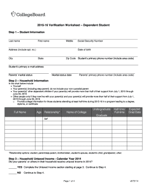 2015-16 Verification Worksheet – Dependent Student