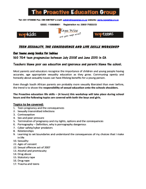 Teen Sexuality Life Skills Workshop Booking Form