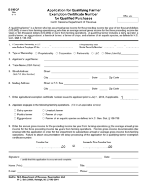 North Carolina Qualifying Farmer Exemption Certificate Application