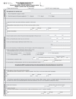 Texas Original Application for Coin-Operated Machine License