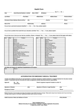 Medical University of Lodz Health Form